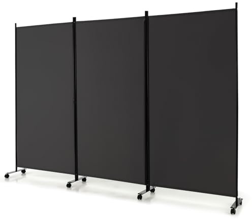 LIFEZEAL Biombo Plegable de 3 Paneles para Interior y Exterior, Divisor de Pie con 8 Ruedas, Pared Tabique, Estructura Metálica, Protección de la Intimidad, Separador de Espacios (Gris)