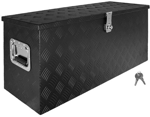 Trucky Deichselbox Schwarz Werkzeugkasten Truckbox Alu Box Anhänger Kiste mit Deckel Abschließbar Alubox Transportbox Werkzeugbox Aluminium Aufbewahrungsbox D120
