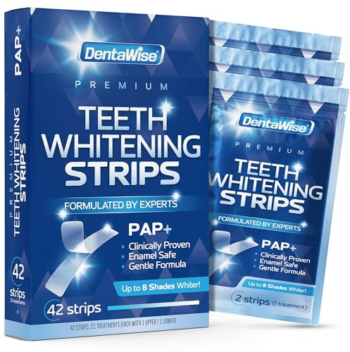 DentaWise Premium Teeth Whitening Strips 21 Treatments – 42 Pap Whitening Strips with Shade Guide – Non-Sensitive Peroxide-Free Formula – Easy to Use and Enamel Safe – Formulated by Experts