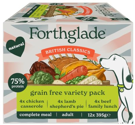 Forthglade British Classics Wet Dog Food Variety Pack (12 x 395g Trays) - Grain Free & Hypoallergenic Dog Food, Adult 1 Year+, Chicken, Lamb and Beef with Vegetables, Stomach Sensitive Meals