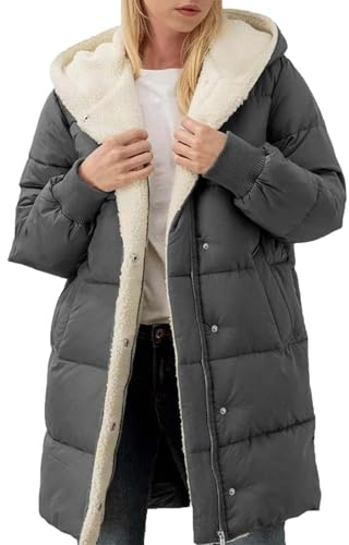 Winterjacke Damen Lang Warm Gefüttert, Winter Warm Wintermantel Parka Jacke Gefütterter Winterparka Mantel Fleecejacke Outdoor Kapuzenjacke Kapuzenmantel Reißverschluss Fleecemantel Outwear