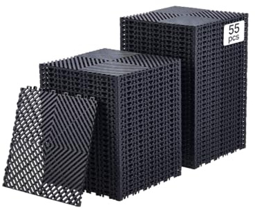 VEVOR Interlocking Drainage Mat, 12” x 12” Modular Interlocking Cushion, 55 Pcs Splicing Drainage Mats, Non-Slip Black PP Drainage Floor Tile and Shower Mat, for Garage, Garden, Kitchen & Outdoor