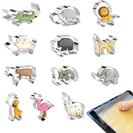 Moldes de galletas con motivos de animales, cortadores de galletas para niños, juego de 12 piezas de acero inoxidable para galletas, moldes de galletas de animales, pequeños cortadores de galletas