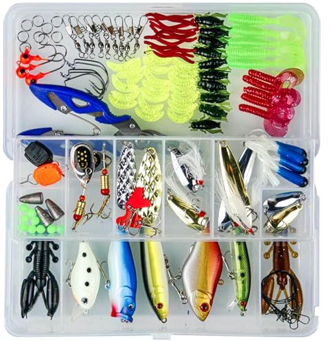 Angelköder Set 120 Teile – Wobbler, Spinner, Gummiköder, Jigköpfe, Vorfächer & Zange in UV- & korrosionsbeständiger Tackle-Box für Hecht, Barsch, Zander, Süß- & Salzwasser