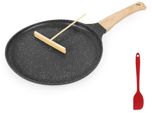 AUROAY 24cm Non Stick Crepe Pan with Spreader,Granite Coating Pancake Flat Skillet Tawa Griddle with Stay-Cool Handle,Frying Pancake Pan Induction Hob Gas Stove Compatible,PFOA Free