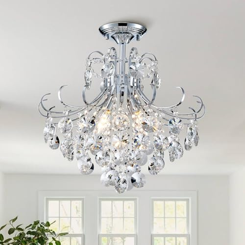 Majhoiw 4-Licht Kristall Kronleuchter, Moderne Kristall Deckenleuchte Ø460mm, Silberchrom Kronleuchter E14, Ideal Für Esszimmer, Flur, Schlafzimmer und Foyer in Chromenfarbe