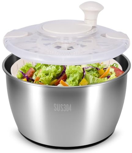 Salad Spinner 304 Stainless Steel, 5 L, Spinner de alta calidad con tapa, base antideslizante, grande Salad Spinner with Crank Drive, Easy to Clean, Suitable for Salads, Vegetables, Fruit