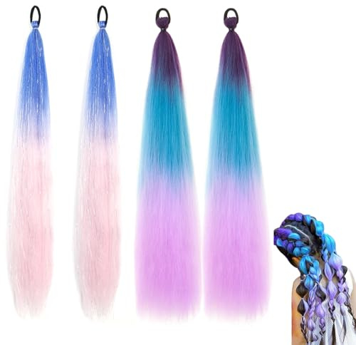 Lot de 4 mèches de cheveux multicolores pour enfants, à tresser, avec double couleur, cheveux synthétiques, pour festivals, fêtes, style scolaire, couleurs vives, faciles à tresser