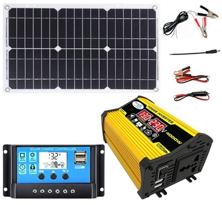 4000W Solar Power Inverter Kit - 12V To 110V/220V Converter With 30A Charge Controller & 18W 12V Solar Panel | Portable Solar Generator For Home, RV, Off-Grid Emergency Backup(Yellow,12V-220V)