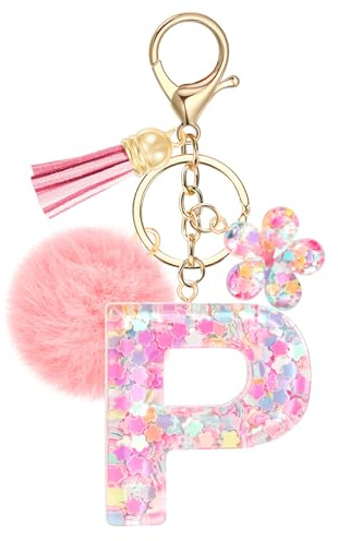 JSRQT Niedlicher Rosa Schlüsselanhänger Buchstaben, Namens Alphabet Harz Schlüsselanhänger Blumen Pailletten mit Pompons, Taschenanhänger Key Chain