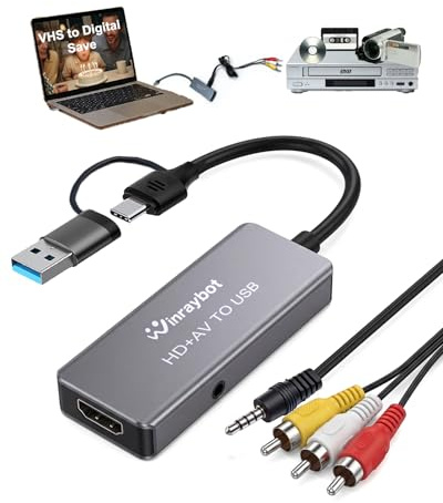 VHS to Digital Converter, Video Capture Card for VHS/DVD/HI9/AV/Wii, RCA to USB Converter Analog to Digital Adapter for Saving Old Memories RCA/S-Video/HDMI Input (USB-A+USB-C)