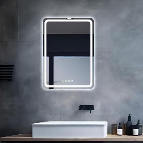 Badspiegel mit Beleuchtung, Stecker Digitaluhr 40x60cm Vertikale Aufhängung | Spiegel mit Licht für Bad, Badezimmerspiegel, 3 Lichtfarben, Beschlagfrei-Funktion