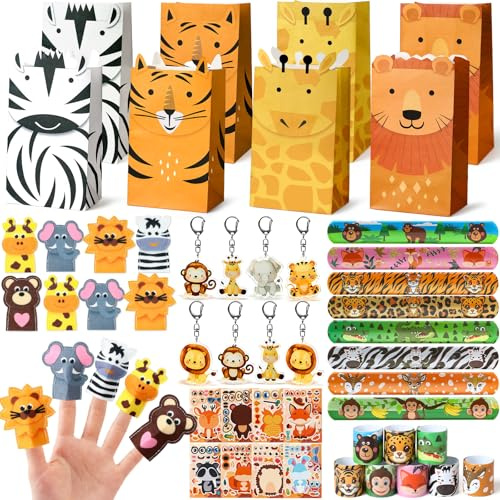 vamei Dschungel Mitgebsel Kindergeburtstag Safari Geschenktüten mit Filz Fingerpuppen Schlüsselanhänger Schnapparmband DIY Aufkleber Gastgeschenke Jungen Mädchen Tiere Geburtstag Give Aways