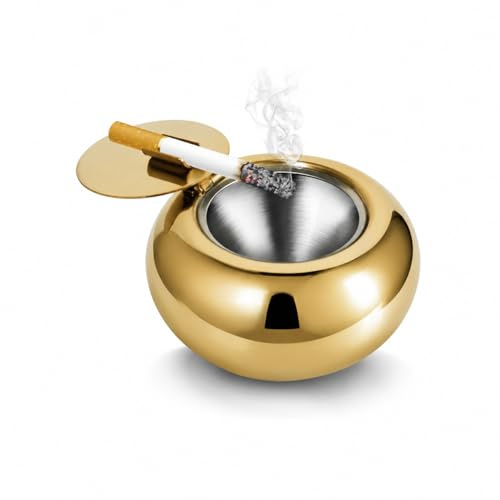 Edelstahl Windaschenbecher Aschenbecher mit Deckel für Außen und Innen (Ø 10 cm-Gold）