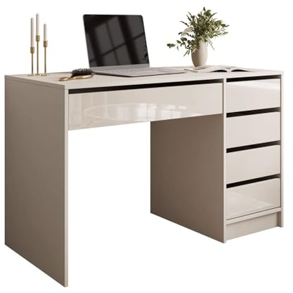 Lookway Schreibtisch MADA Gloss mit Schubladen – Elegantes Design in Hochglanz Weiß oder Kaschmir, praktisch für Arbeit, Lernen und Organisation (Kaschmir/Kaschmir Hochglanz)