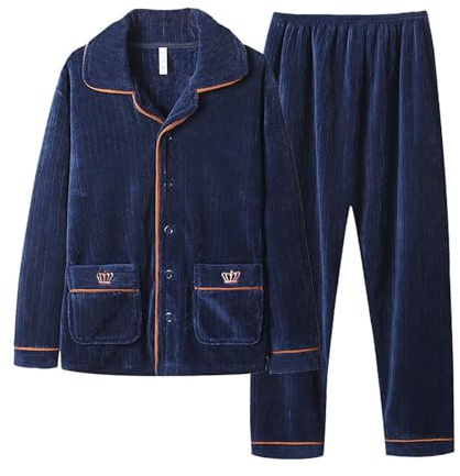 BFYSFBAIG Mens Pyjama Set Traditional Fleece Long Sleeve Sleeping Nightwear Top & Bottom Pyjamas Trousers & Button Up Shirt Set with Pockets L Dark Blue