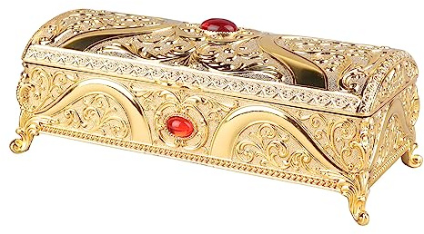 REXVTNS Vintage Schmuckschatulle aus Metall mit Samtfutter | Großer Organizer für Ringe/Ohrringe/Halsketten | Schmuckkästchen aus Legierung mit antikem Muster für Damen (Gold)