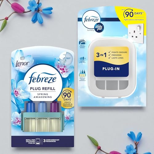 Febreze 3Volution Air Freshener Starter Kit - 1 x PLUG IN DEVICE and 1 x REFILL Bundle, Odour Eliminator for Home & Office - SPRING AWAKENING Scent 20ml