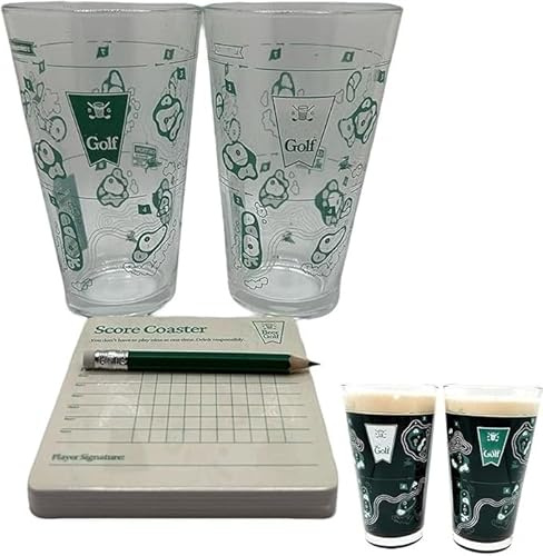 Eunmsi The 9 Hole Golf Course On a Beer Glass,Scorecard Coasters & Pencil,Funny Game Glass Set with 2 Pint Glasses,Party Beer Cup Games,Unique Gift for Men & Drink Lovers (1 Set)