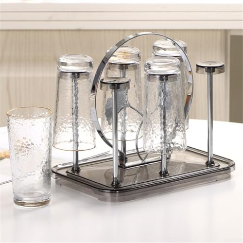 Estante de vidrio para encimera de cocina con bandeja drenable, organizador de tazas de café para 6 tazas, soporte de secado de metal plateado y dorado con Cu (plata B)