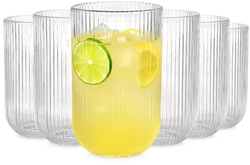 Vilde Lot de 6 verres à eau en verre strié transparent de 400 ml - Pour jus, limonade, cocktails, whisky, passe au lave-vaisselle