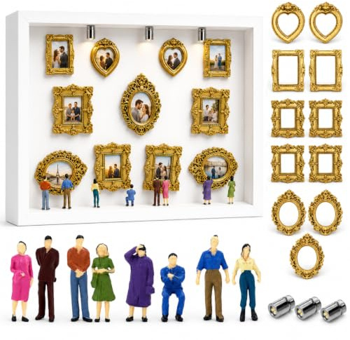 DIY Mini Museum Menschen Bilderrahmen Mini Figuren Museum Bilderrahmen | Bilderrahmen mit 11 Goldene Rahmen Vintage zum Befüllen mit Golden Rahmen & Atur Menschen LED Licht für Jubiläum,Hochzeit