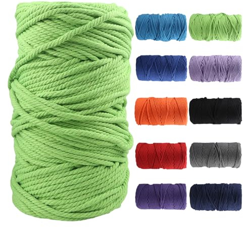 Macrame Cotton Cord 5mm×100m, Soft 4 Strand Twisted Natural Cotton for Handmade Wall Hanging, DIY, Craft Making, Knitting, Plant Hangers, Decorative Projects (Apple Green)