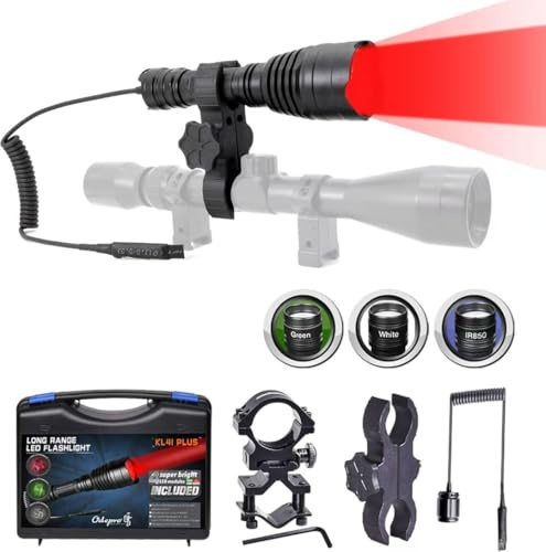 Odepro KL41 Plus Torch with 4 Interchangeable LEDs, Long Range for Hunting | 384m Beam Distance, 4-in-1 Red+Green+IR850+White, Low/Medium/High/Strobe/SOS, Remote Switch, for Outdoor,Coyote &Hog