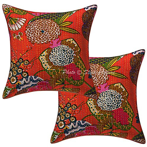 Stylo Culture Ethnico Fundas Cojines Decorativa 50x50 cm Algodón Tropicana Funda Almohadon Sofa Naranja 20x20 Inch Kantha Impreso Cuadrado sobre Fundas para Cojines De Cama - 2 Pcs