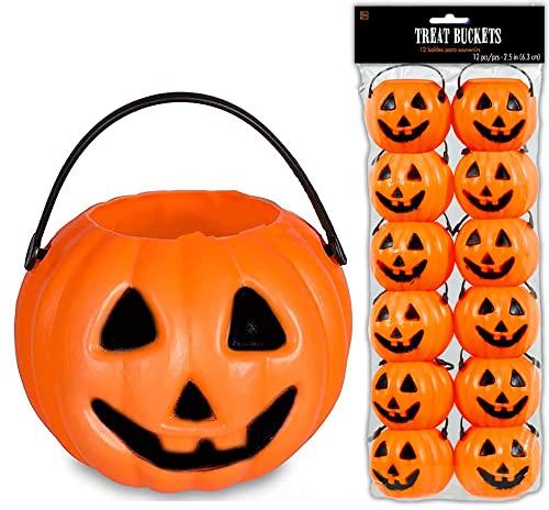 4E's Novelty 24 Pack Mini Pumpkin Trick or Treat Buckets Bulk Halloween Candy Holders Container for Kids, Halloween Goodie Bags Fillers Party Favor Toys
