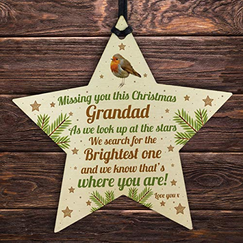 RED OCEAN Grandad Robin Memorial Chirstmas Tree Bauble Wooden Star Xmas Decoration Memorial Gift