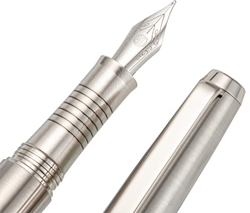 HongDian Füllfederhalter aus Edelstahl, Iridium, feine Spitze, mit Konverter und Stiftbox aus Metall