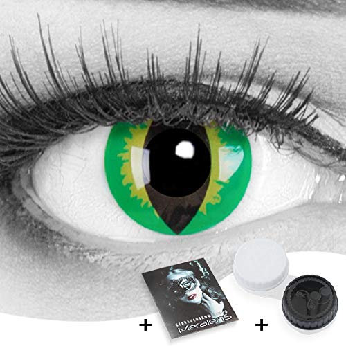 Farbige grüne Crazy Fun Katzen Kontaktlinsen 'Green Dragon' Mit Stärke mit Gratis Linsenbehälter - Topqualität zu Karneval, Fasching und Halloween (-1.50 Dioptrien)