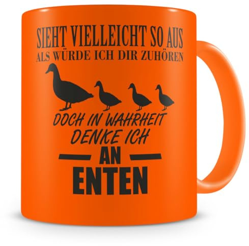 Samunshi® Enten Tasse mit Spruch Geschenk für Mann Frau Oma oder Opa Kaffeetasse groß Lustige Tassen zum Geburtstag neon orange 300ml