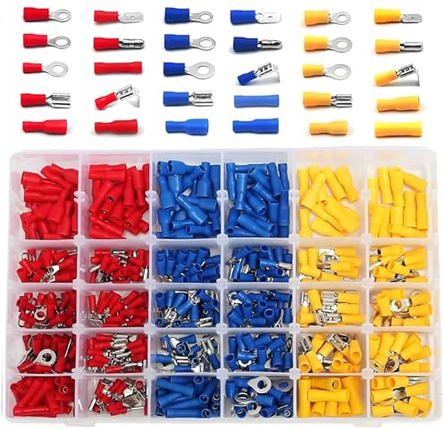 Linhon Kabelschuhe Quetschverbinder Set, Elektrische Steckverbinder Sortiment 480tlg, Ring-Kabelschuhe, Rundstecker, Rundsteckhülsen, Flachstecker, Flachsteckhülsen und Stoßverbinder