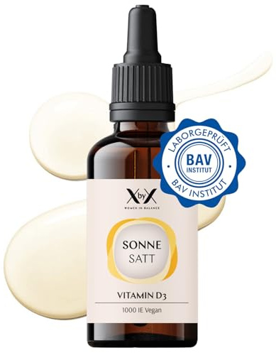 XbyX Sonne Satt 30 ml | 950 Tropfen | Veganes Premium Vitamin D3 hochdosiert mit 1000 I.E. | Pflanzlich | Laktosefrei | Glutenfrei | Laborgeprüft | Aus Flechtenextrakt in MCT-Kokosöl | Aus Deutschland