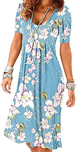 EFOFEI Damen Einfaches Bequemes Kleid Atmungsaktiv Strand Kleider Urlaubskleid Freizeitkleid Rundhals Strandkleider Blaue Lilie 3XL