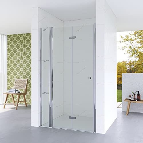 Nischentür Dusche 140 cm Verstellbereich 137,5-140 cm mit Duschtür Falttür Drehfalttür und Seitenteil, Chromoptik, Innen- und Außenöffnung, 5 mm ESG Echtglas klar, Acryl- Eckregalen, Höhe 187 cm