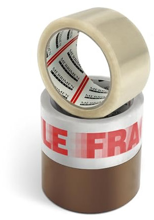 MERRIMEN Strong Heavy Duty Mixed Roll Pack Packaging Tape | Secure Sticky Sealing Tape for Parcel Boxes, Moving Boxes, Large Postal Bags for long term storage | (48MM x 66M) (3 rolls, Mixed)