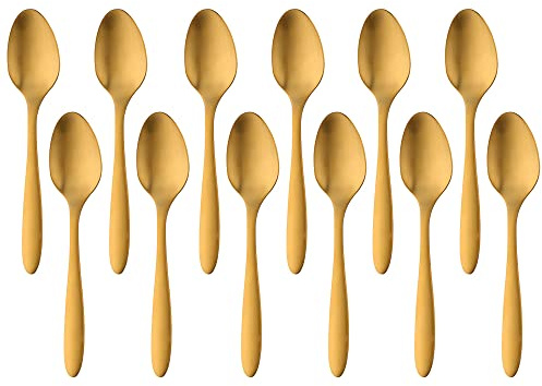 6.3 in/ 16cm Dessert Spoons Set of 12, TUPMFG Stainless Steel Cutlery Cake Pastry Spoons, Matte Finish Spoon Set Dishwasher Safe(Gold)