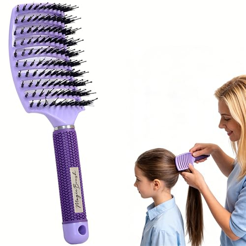 Pop Magic Detangling Hair Brush for Women and Kids, Boar Bristle Paddle Brush for Blow Drying, Wet Hair, Long, Thick, Curly, Afro Hair (Purple)