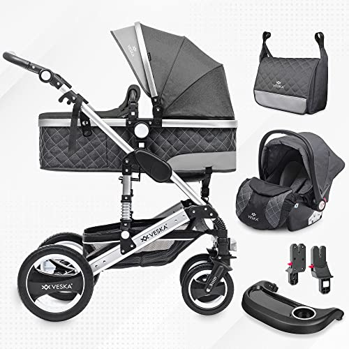 3 in 1 Kombi-Kinderwagen inkl. Babyschale, Buggy, Jogger mit Wickeltasche, Moskitonetz, Regencover, Spieltisch, Autoschale Fußsack, QuickFold, Aluminiumrahmen (Silber - anthrazit/anthrazit)