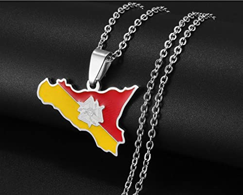 Gouekst Sicile Ou Drapeau Régional Sicilien Carte Italie Pendentif Colliers - Cartes De Pays Charme Pendentif Bijoux Chaîne De Clavicule Ethnique pour Femmes Hommes Chaîne De Pull Patriotique,ARG