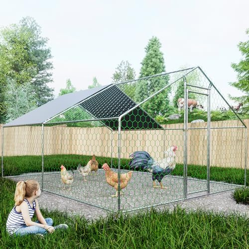 Thanaddo Hühnerstall Metall, 12 m² Große mit Wasserdichtetem PE-Tuch, Verzinkter Stahl Hühnergehege mit Riegelsystem-Tür für Hühner, Kaninchen Haustierkäfig Hühnerkäfig Kleintiere Garten