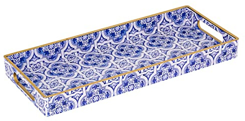 MAONAME Blue Decorative Tray, Plastic Serving Tray with Handles, Rectangular Moroccan Trays, Long Narrow Trays for Bathroom, Kitchen Counter, 13.8 X 6 X 1.57 | Plastic Serving Tray, Bathroom Vanity Tray, Long Toilet Tank Trays, Countertop Organizer Tray for Kitchen, 13.8 X 6 X 1.57