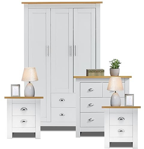 Bedroom Furniture Sets with 3 Door Wardrobe & 2+2 Drawer Chest of Drawer + 2 Drawer 2 Bedside Table Cabinet Bedroom Set for 4 Piece Bedroom Storage furniture Set, White & Oak