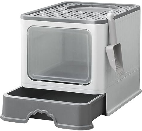 Bandeja de arena para gatos, gran casa de aseo de gato plegable con tapa, bandeja de cajón y pala de caña, portátil, WC para gatos con tapa (CP384832_02)