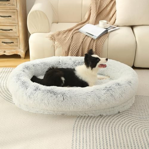 ZHULONGRUSHUI Bequemes ovales Plüsch-Hundebett, orthopädisches Hundebett und Sofa, weiches Plüsch-Katzenbett, Anti-Angst, waschbar, rutschfest, Plüsch, wärmend, Kunstfell-Haustierbett (Hellgrau)