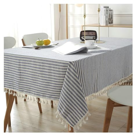 Gualiy Tischtuch Quadratisch, Tischtuch 140x140CM Polyester Tischdecke Abwaschbar Waschbar Streifen mit Quasten Tischdecken für Küchentisch, Blau