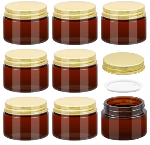 Acetiti 8 Pcs Amber Glass Jars, 50ml Empty Cosmetic Container with Aluminium Screw Cap Lid and Liners, Small Refillable Travel Pots Sample Bottle Cosmetic Jars Glass for Cream Lotion Ointments